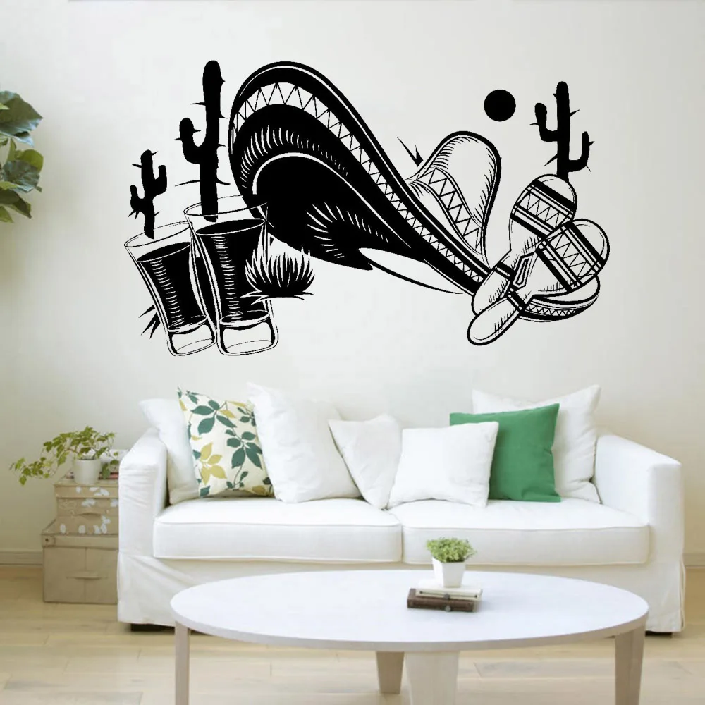 

Exotic Wall Stickers Mexican Sombrero Tequila Cactus Decor Decal Vinyl Home Decoration Accessories For Living Room Bedroom Z286