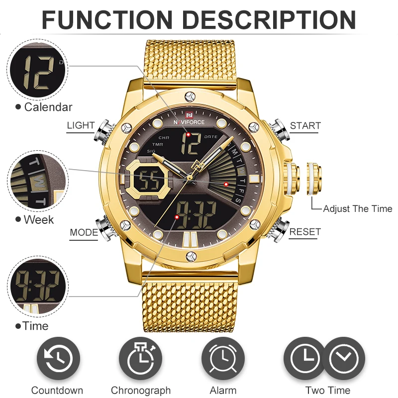 NAVIFORCE Original Watches For Men Luxury Brand Quartz Dual Display Military Sports Wrist Watch Mesh Steel Band Waterproof Clock