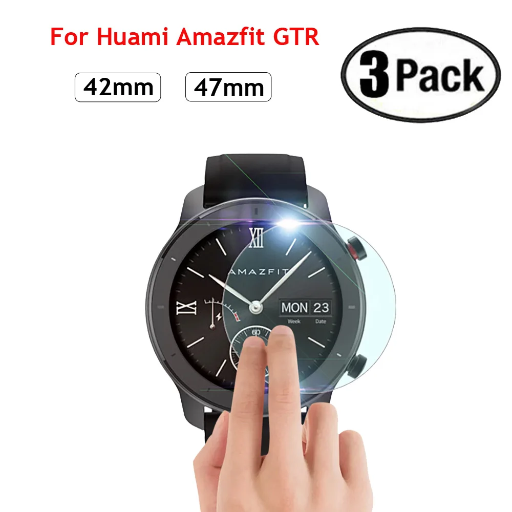 Película de vidro temperado para xiaomi, 3 peças huami amazfit verge 3 gtr 47 42mm, acessórios de proteção para relógio inteligente