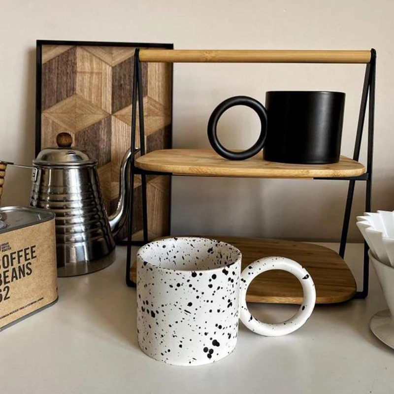 Ceramic Mug Big Handle Black Splash Ins Style Big Ring Handle Water Cup The Same Coffee Cup Nordic Ink Dot Cup Unique Gift