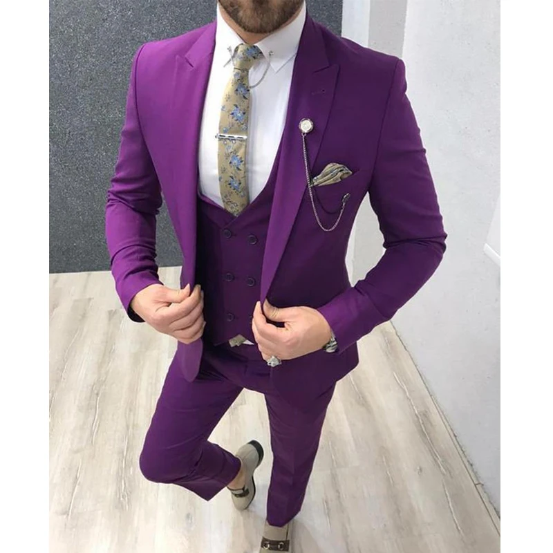 

Purple Casual Men Suits Slim Fit with Double Breasted Waistcoat 3 Piece Male Fashion Dinner Blazer Pants Elegant Wedding Tuxedo