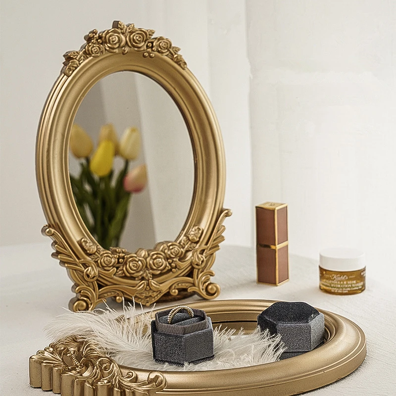 Cutelife Ins Nordic Gold Resin Small Round Table Mirror Tray Vintage Bedroom  Makeup  Standing Home Decorative