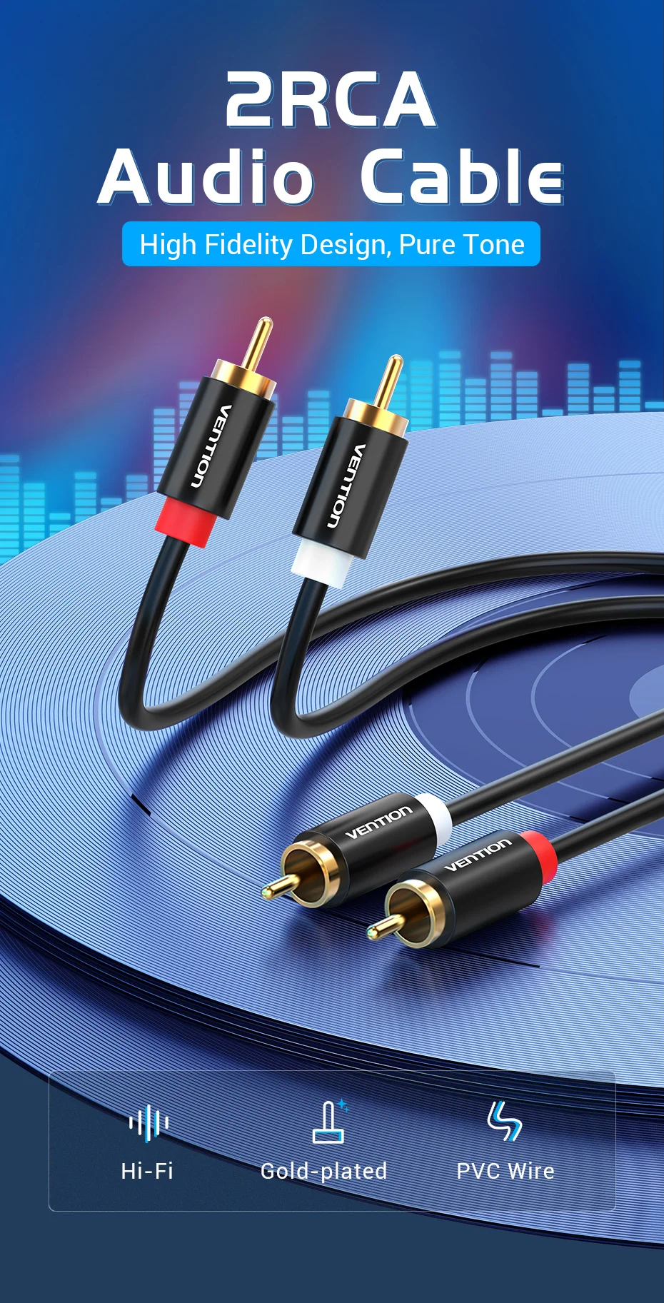 Vention 2 RCA auf 2 RCA-Kabel Stecker auf Stecker Audiokabel für Heimkino DVD-Verstärker TV 1 m 2 m 3 m 5 m Kabel RCA vergoldet Cabo – Detail 4