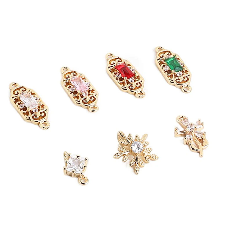 Copper clad gold color protection inlaid zircon Flower Pendant DIY hand made jewelry earrings necklace material accessories 6pcs