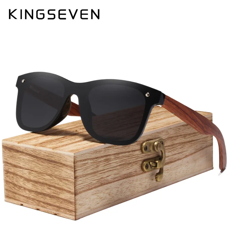 KINGSEVEN-Óculos de sol polarizados para homens e mulheres, bandas artesanais de madeira, lente de proteção UV400 masculino e feminino