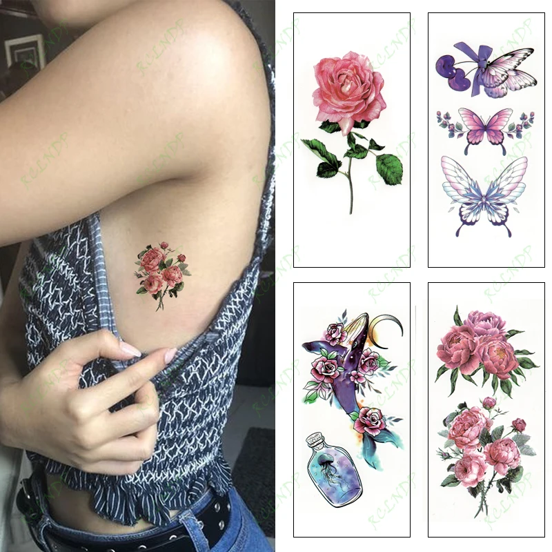 Водостойкая-Временная-тату-наклейка-розовая-роза-цветок-бабочка-Кит-луна-флэш-тату-искусственная-тату-боди-арт-для-женщин-и-мужчин