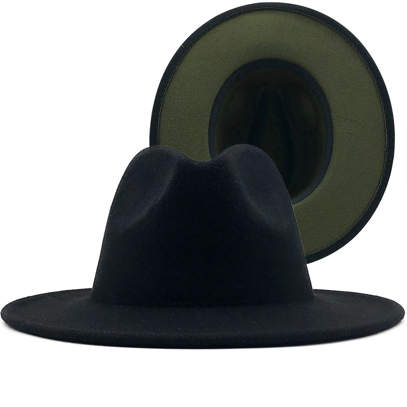 

Big Size Outer black Inner Army green Wool Felt Jazz Fedora Hats with Thin Belt Buckle Men Wide Brim Panama Trilby Cap 56-60CM