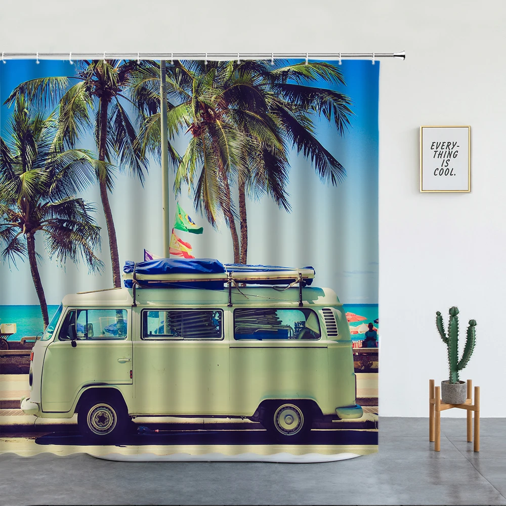 Retro Camper Bus Shower Curtains Set Summer Holiday Palm Tree Bath Mats Bathroom Rugs Screen Room Decor Carpet Entrance Door Mat