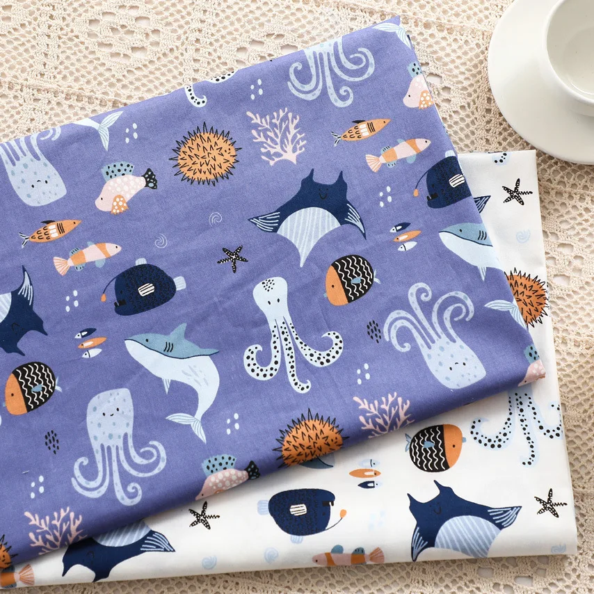 Syunss-Ocean World Printed Cotton Fabric, Patchwork Cloth for Quilting, Baby Cribs, Cushions Dress, Sewing Tissues