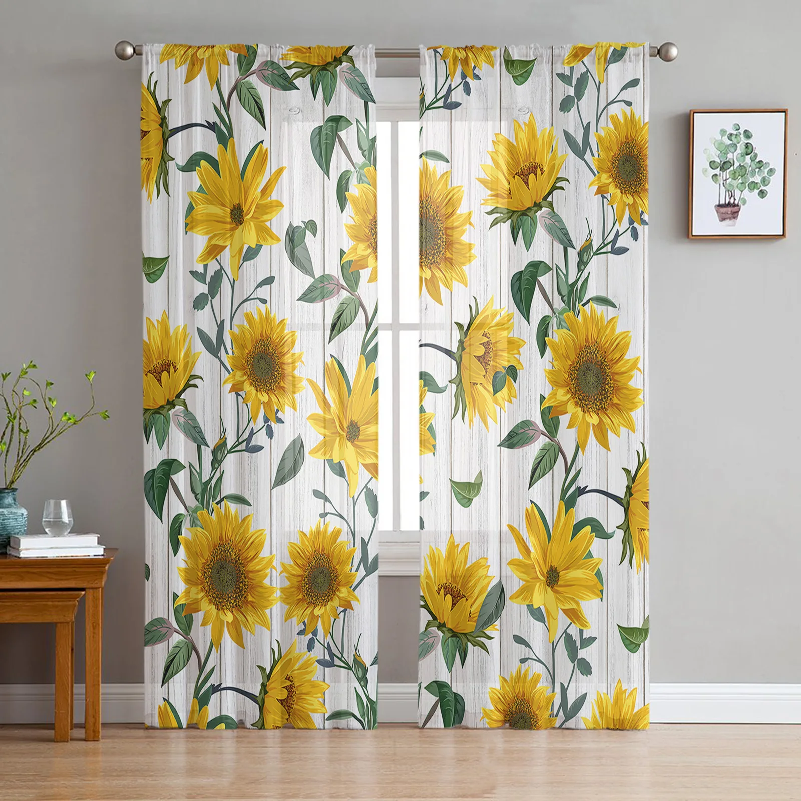 Sunflower Texture Wood Grain Retro Sheer Tulle Window Curtains For Living Room Bedroom Kitchen Veiling Curtain Home Decoration