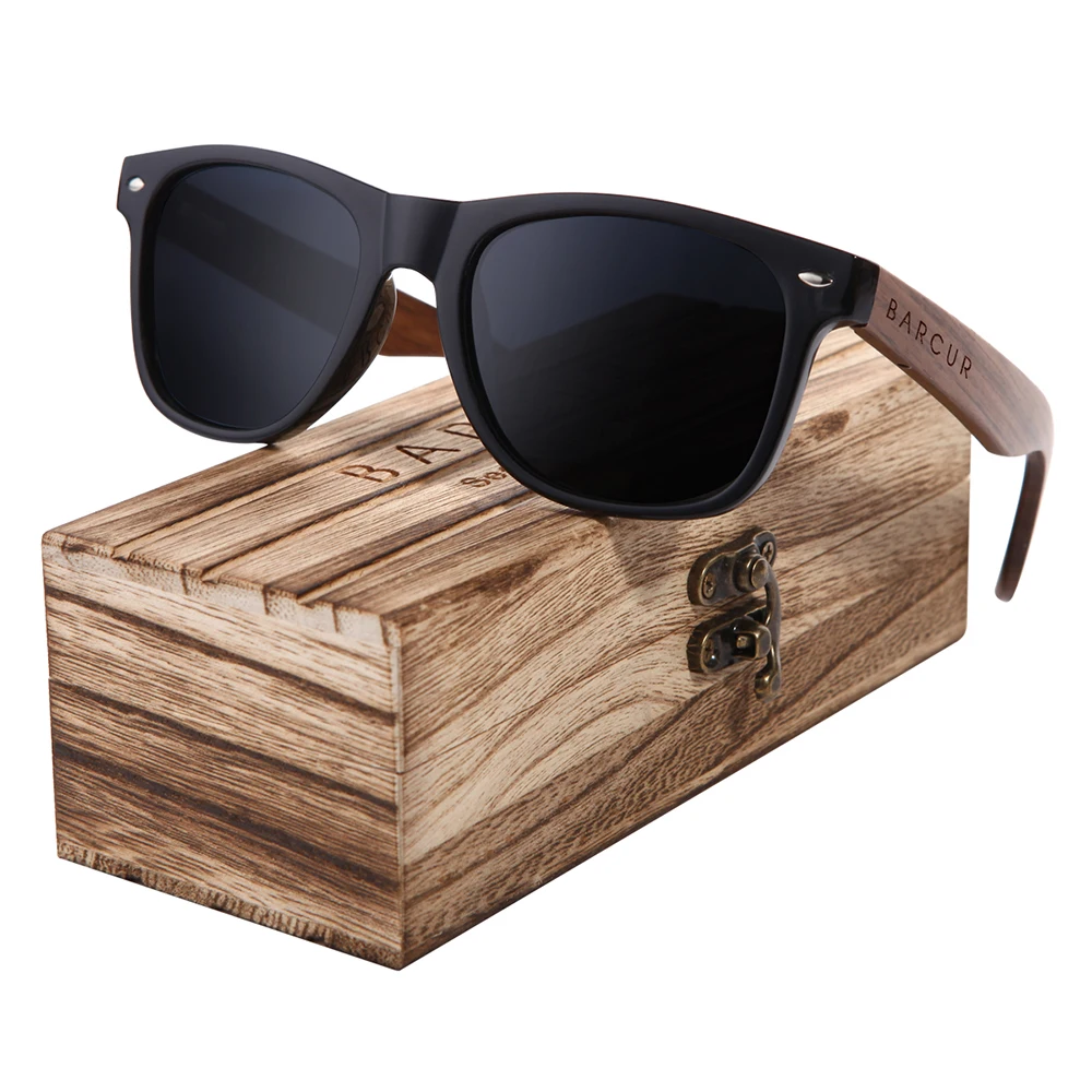 BARCUR Zwarte Walnoot Zonnebril Hout Gepolariseerde Zonnebril Mannen Bril Mannen UV400 Bescherming Eyewear Houten Originele Doos