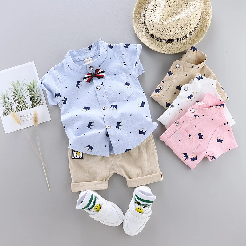 IENENS Summer Baby Boys Clothes Clothing Sets Kids Short Sleeve Shirt + Shorts Outfits 1 2 3 4 Years Child Bow Tie Shirts Suits