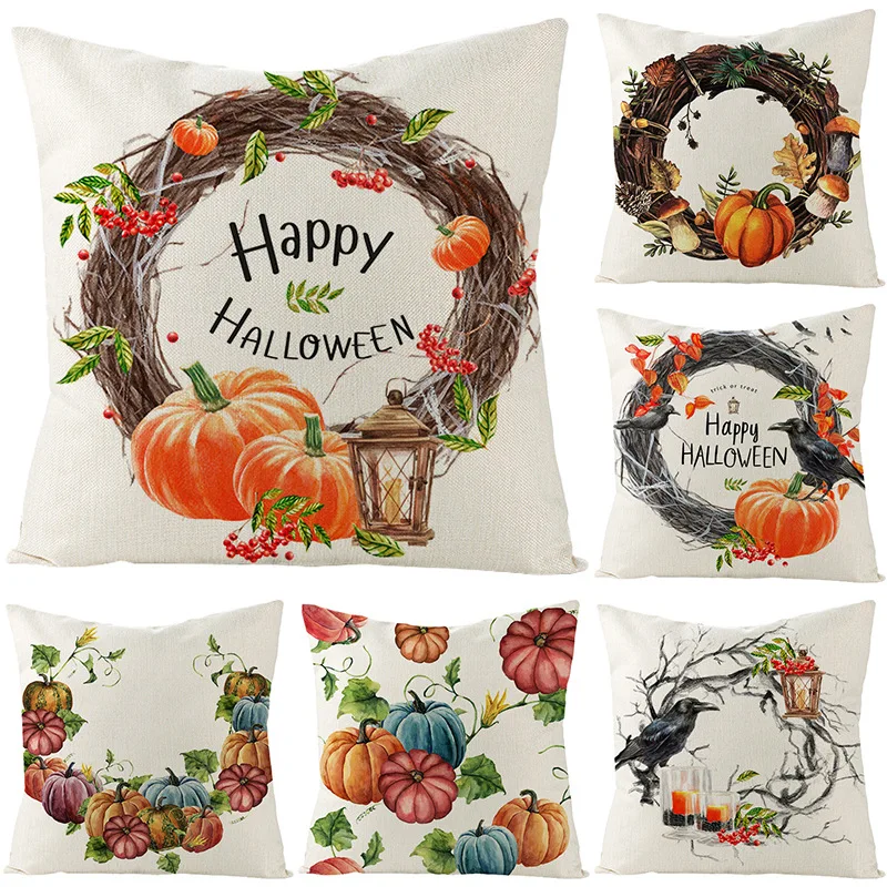 

2022 New Halloween Decor Cushion Cover Pumpkin Wreath Bat Cobweb Cute Cat Printed Pillow Covers 45x45 cm Square Linen Pillowase