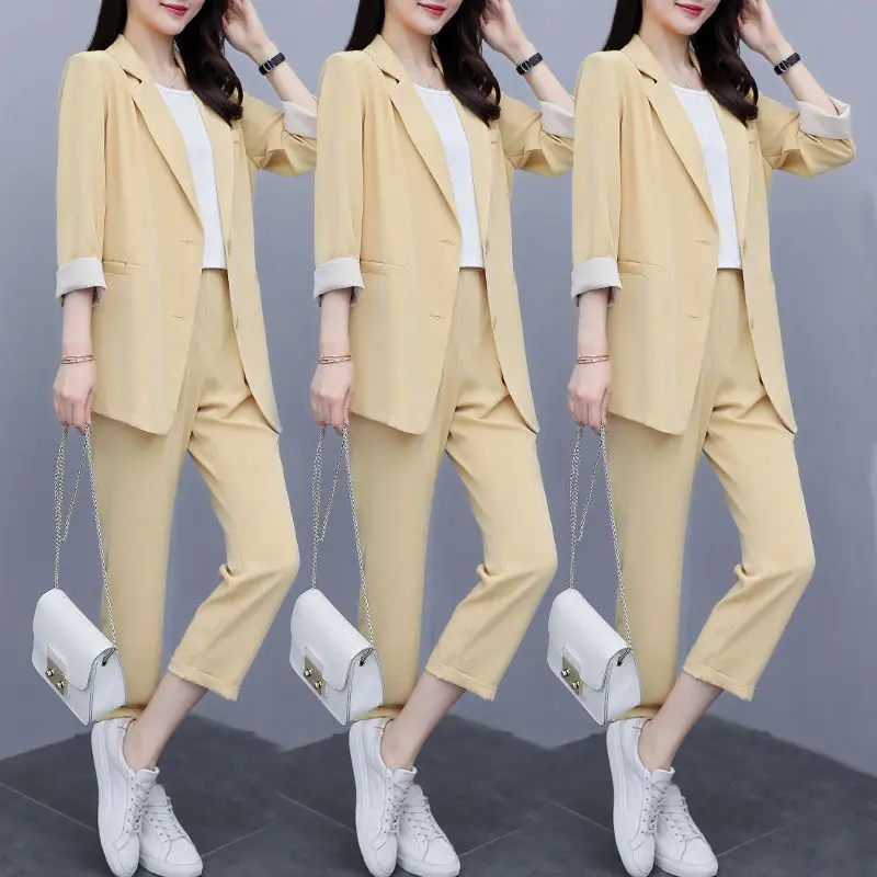 Vintage Women Pant Suit Women Casual Fashion Light Green Notched Blazer Jacket  Pant Office Wear Women Suits Female Sets