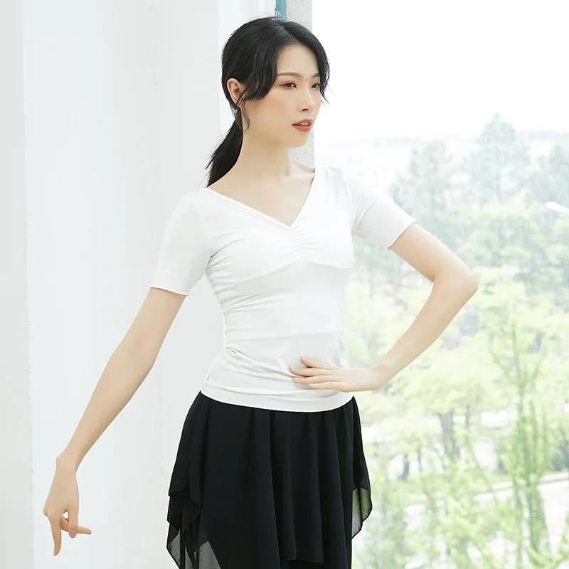 Adult Cotton Belly Ballet Dance V Neck Ruched Top T Shirt Short Sleeve Costume for Women Yoga Clothes Dancer Wear Clothing