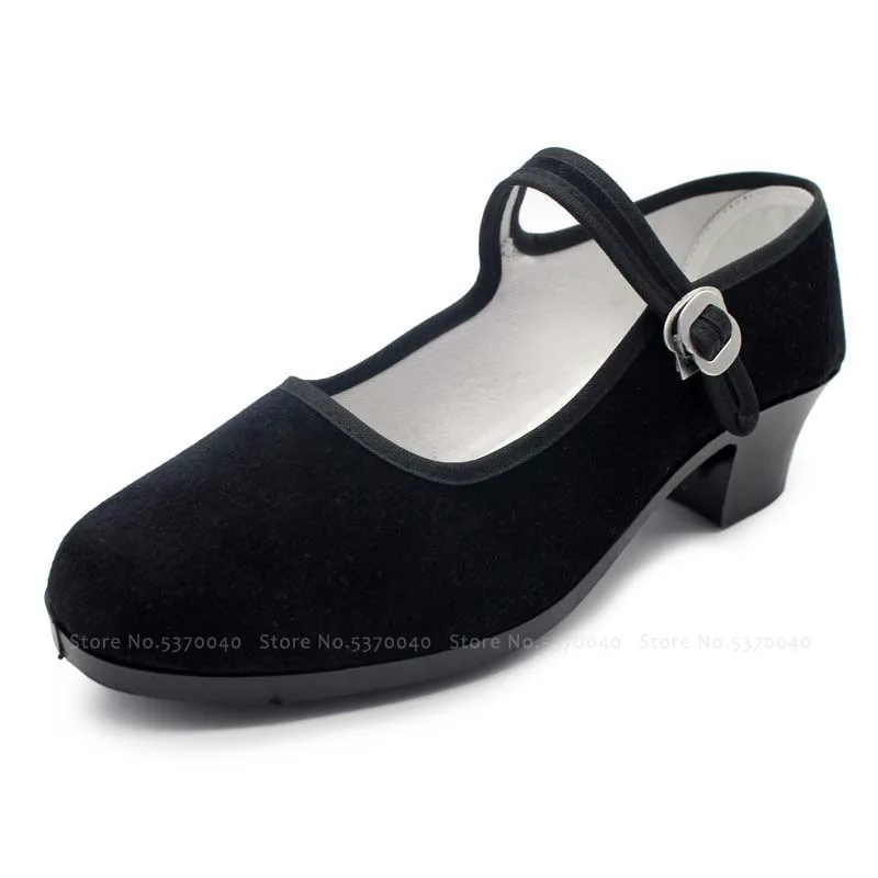 

Women Old Beijing Cloth Shoes Square Dance Shoes Black Chinese Slippers Mid-heel Buckle Hotel Etiquette Work Shoes Size 34-41