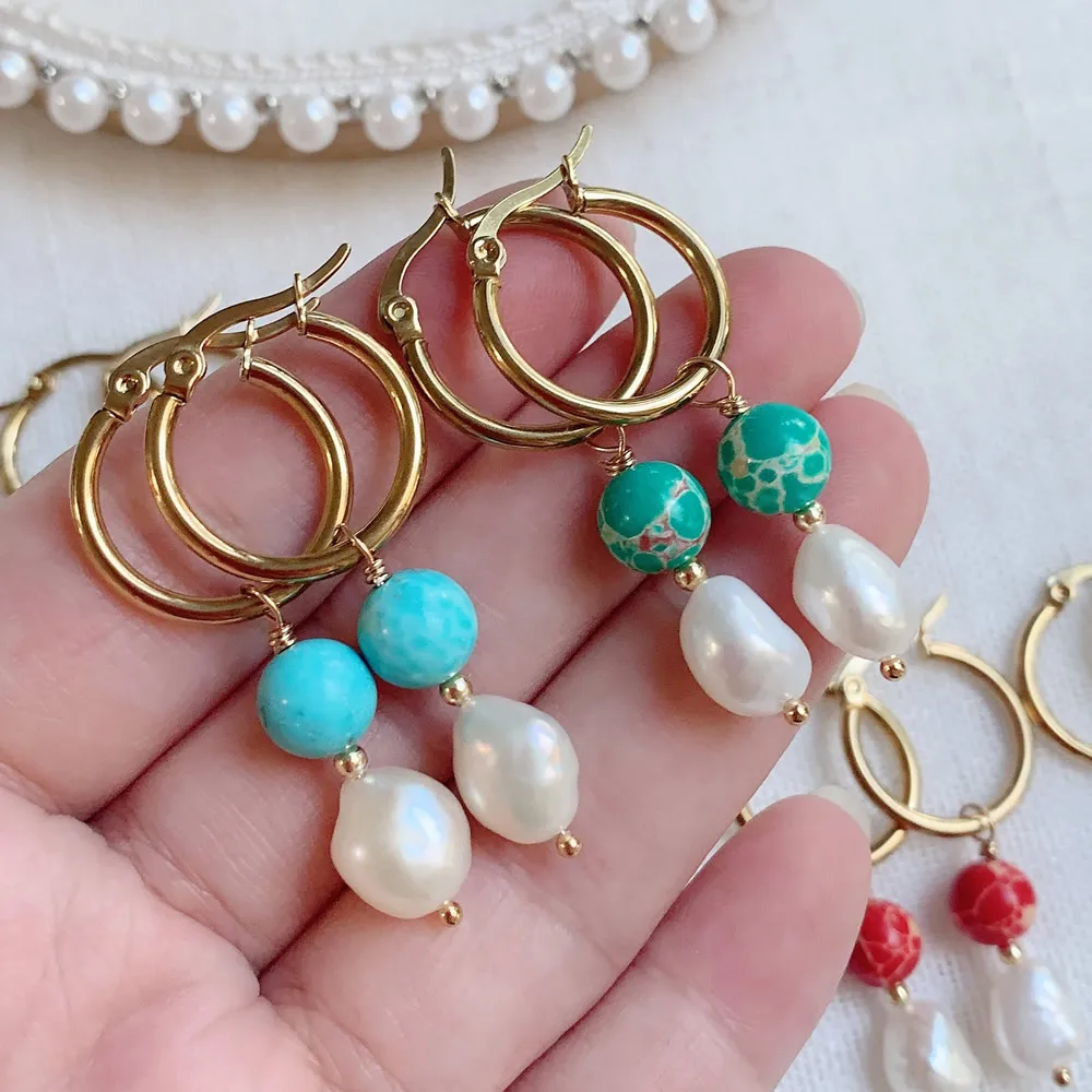Natural Freshwater Baroque Pearl Drop Earrings for Women Colorful Imperial Jaspers Turquoises Stone Stainless Steel Earring Boho