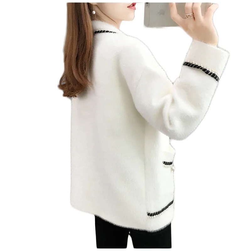 Short Jacket Women Shaggy Coat Autumn Cardigan Knit Sweater Female Tops Imitation Mink Velvet Single-Breasted Casual Outerwear