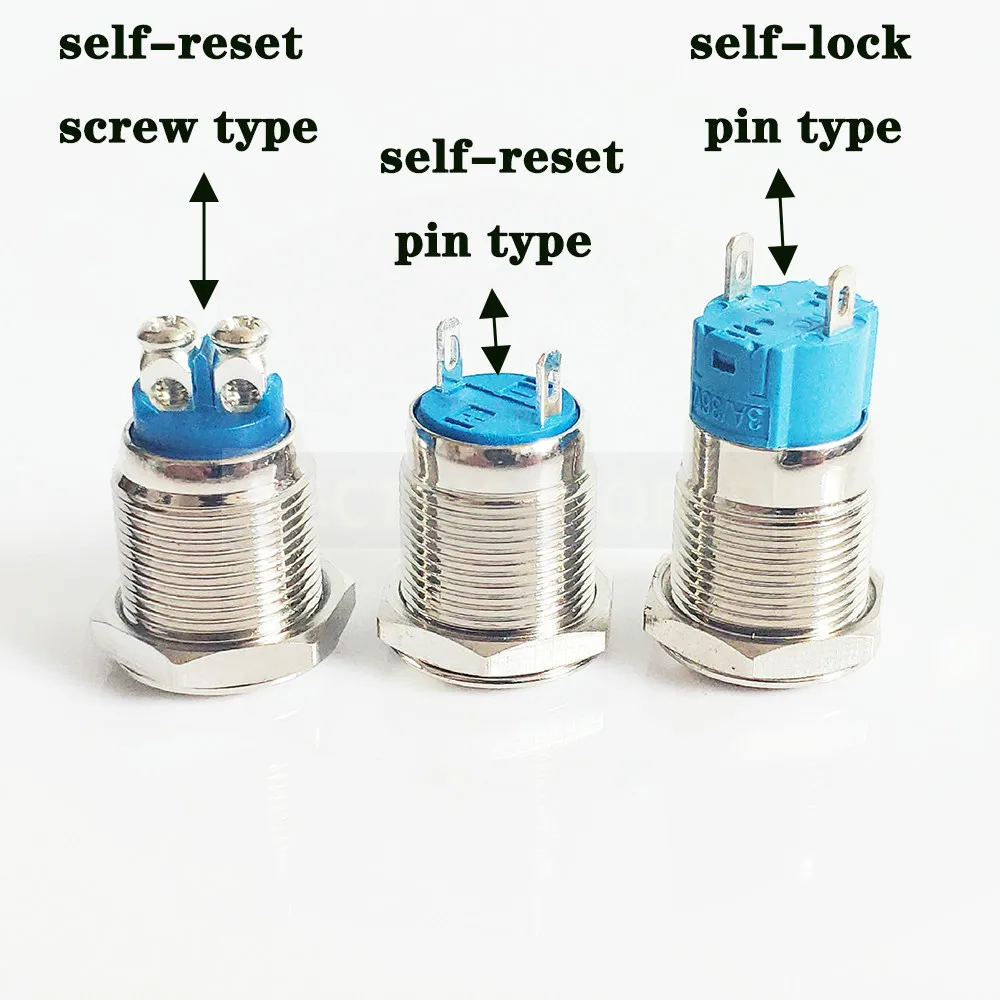 Interruptor de botón de Metal de 12mm y 16mm, 2 pines, 2 tornillos, sin luz, interruptor impermeable momentáneo, botón de encendido de autoenganche