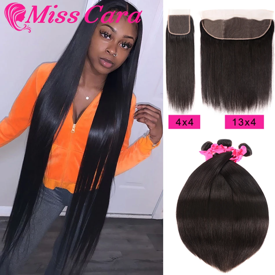 

Transparent Lace Frontal With Bundles Brazilian Straight Hair Bundles With Frontal 100% Miss Cara Remy Human Hair With Closure