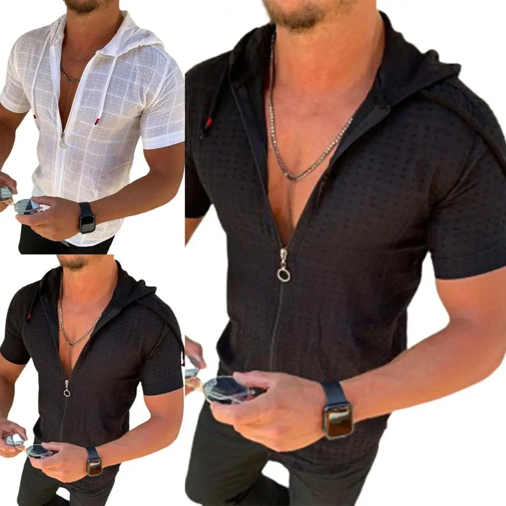 Summer T-Shirts Men Short Sleeve T-shirt Hooded Zipper Plaid Print Summer T-shirt Sports Fitness Streetwear футболка