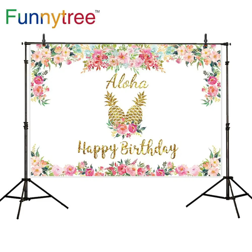 

Funnytree Tropical Aloha Birthday Backdrop Happy Birthday Gold Pineapple Background Summer Flower Party Background Photocall