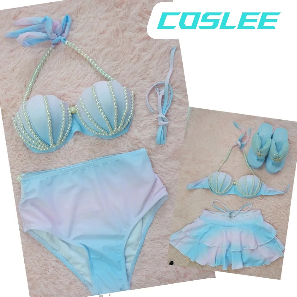 COSLEE [STOCK] Cute Swimsuit Mermaid Bikini Swimwear Gradient Shell Bra Pearl Decoration Summer Lolita Sweet Clothing