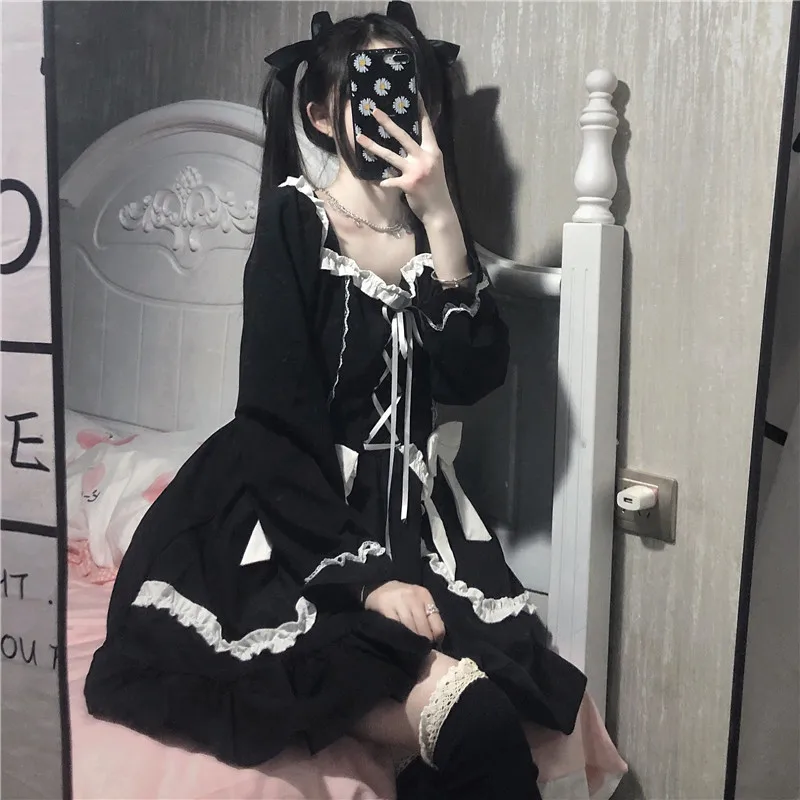 Gothic Lolita schwarzes Kleid Vintage japanische weiche Mädchen niedlichen Bogen Schnür Rüschen lang ärmel ige Prinzessin Frauen Punk Kleider