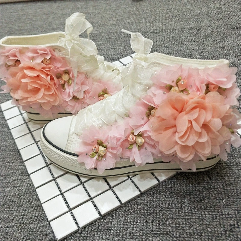 Handmade New Flower Canvas Shoes for Women Rhinestones Pink Lace Flower Students Lady Casual Shoes White Platform Sneakers