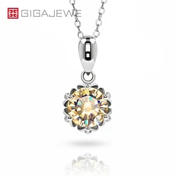 GIGAJEWE 1.0ct 6.5mm Champagne Round 18K White Gold Plated 925 Silver Pendant Necklace Moissanite Lotus Shape Woman Girl Gift