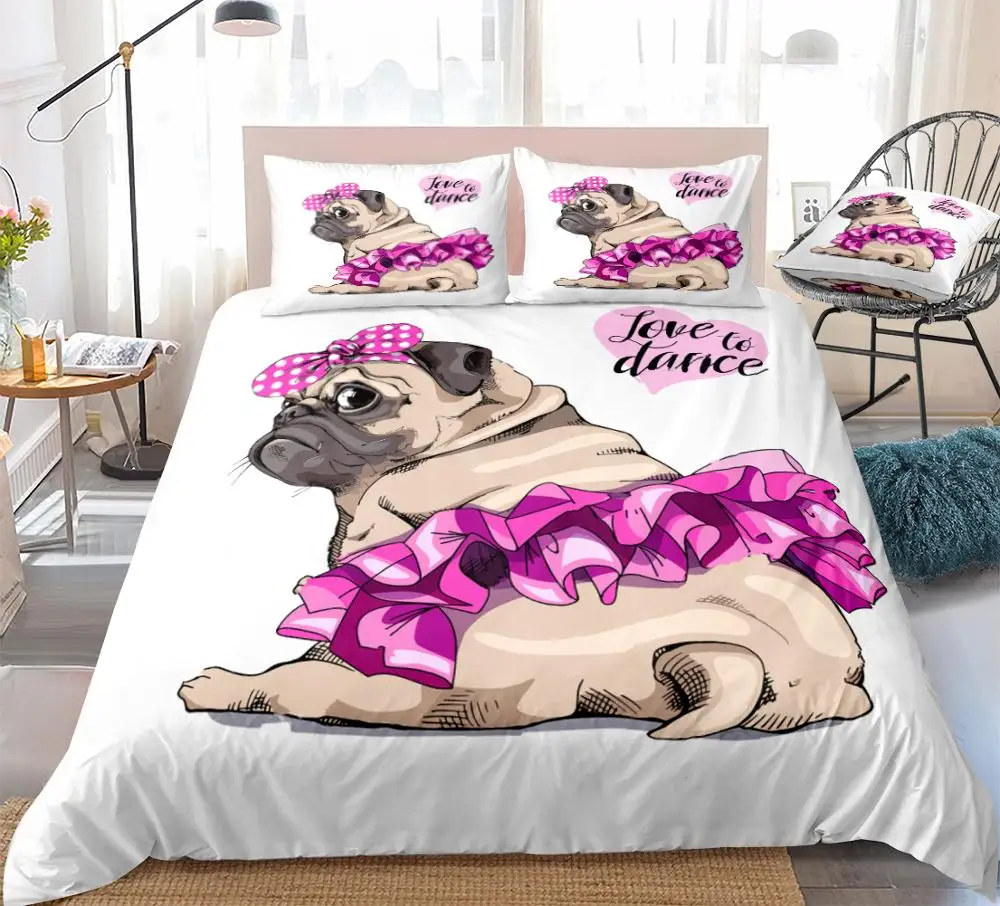 Pug Bedding Set Cartoon Pet Duvet Cover Set White Quilt Cover for Kids Cute Dog Donuts Bed Set Puppy Cowboy Home Textiles