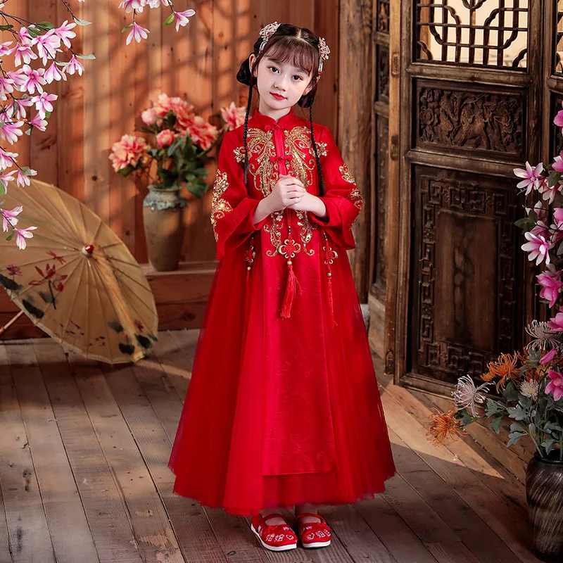 Autunm Winter Girls New Year Outfits Chinese Lovely Embroidery Children Tang Suit And Traditional Thick Cape Han Fu