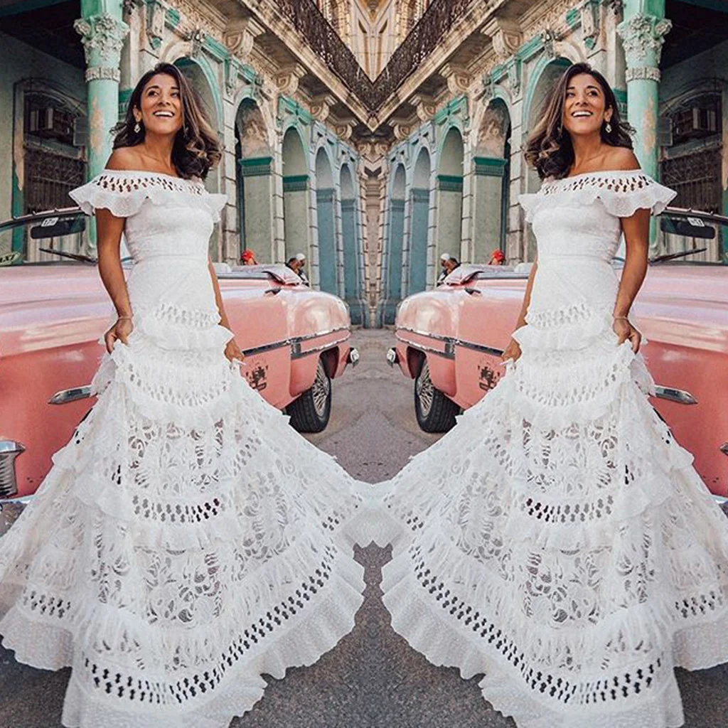 New Women Sexy Off Shoulder Hollow Out Bohemian Dress Fashion Pretty Lady Strapless Dress Floor-Length Sheath Lace Ruffles Dress