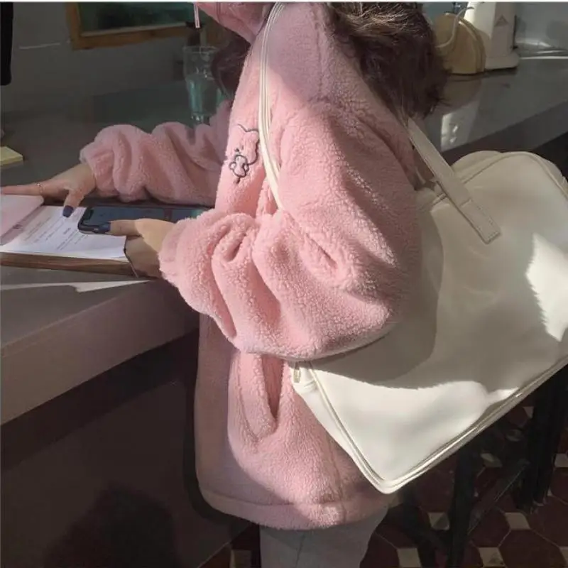 Winter Letter Pink Zippercoat Lamb Wool Keep Warm Mid-length Women Sweatshirt Embroidery Cute Biscuit Bear Fashion Lady Pullover