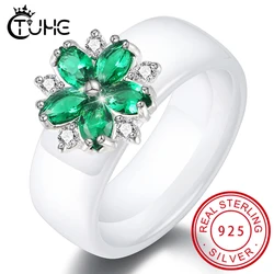 AAA Green Flower Crystal Women Rings 8mm Width Black White Healthy Ceramic Rings Finger Women Wedding Birthday Gift
