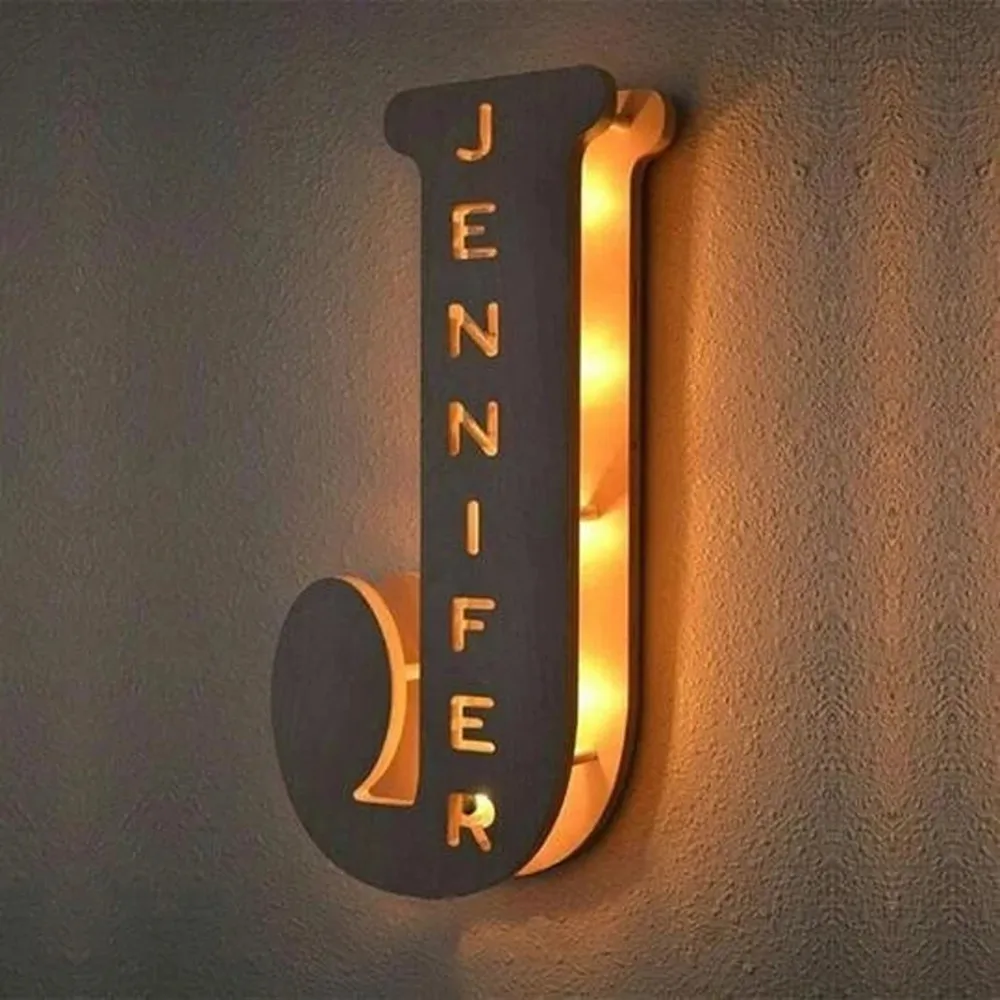 Personalized LED Wall Lamp 26 A-Z Letters Alphabet With Custom Name Wood Nightlights for Children Kids Baby Bedroom Home Decor