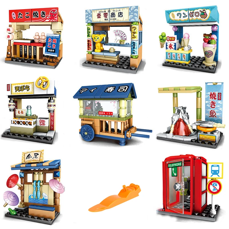 New Sakura Street View Series Bricks Assemble Toys Japanese Snacks Street Scene 8 in 1 Model Set With Figures Kit Christmas Gift