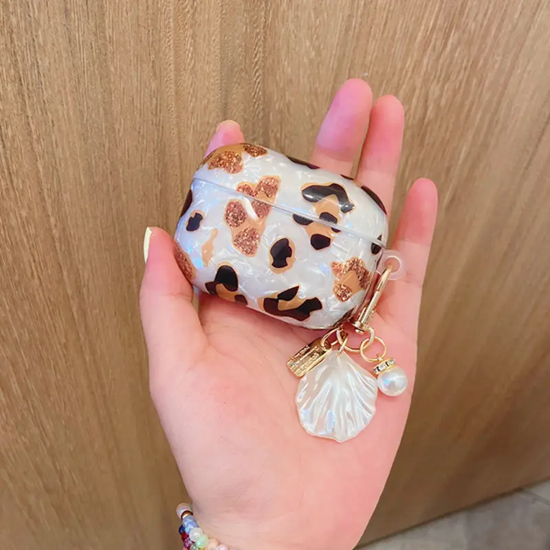 Luxury Leopard Glossy Shell Earphone Case for Apple Airpods 1 2 Pro Pearl Bracelet Chain Case for AirPods Pro Cover Accessories