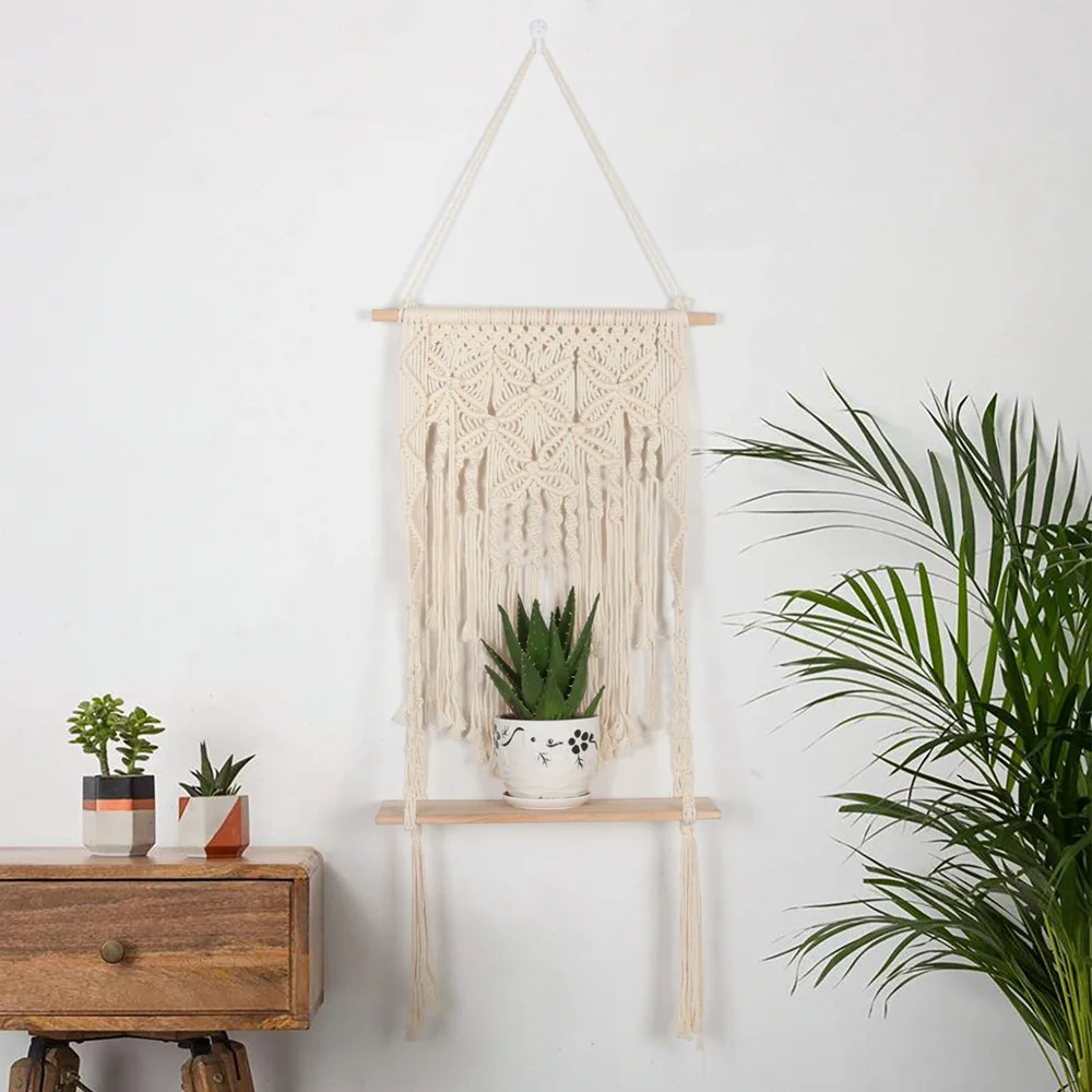 2020 New Bohemian Hand Woven Tapestry Wall Hanging Decor Geometric Art Chic Vase Flower Wooden Board Rack for Home Living Room