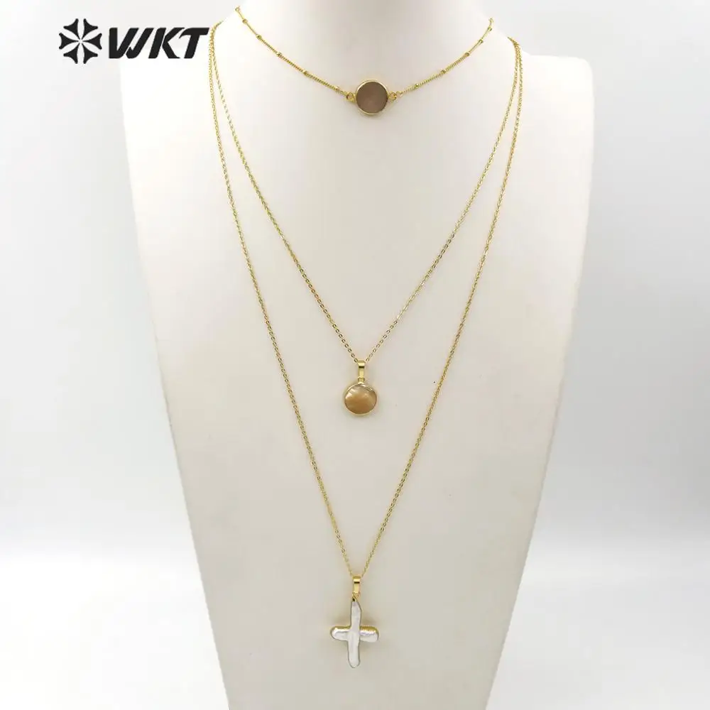 WT-JN109 Hot Fashion Pearl Shell Triple Layer Choker Necklace Handmake With Brass Chain Jewelry For Women As Gifts