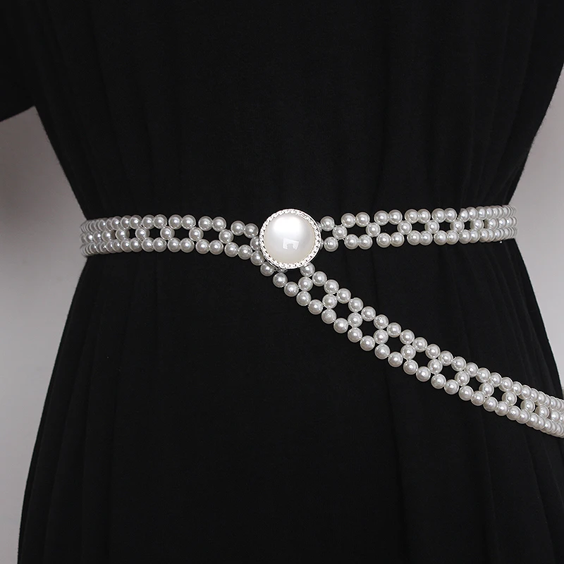 Women's Runway Fashion Pearl Knitted Cummerbunds Female Dress Corsets Waistband Belts Decoration Narrow Belt TB1947