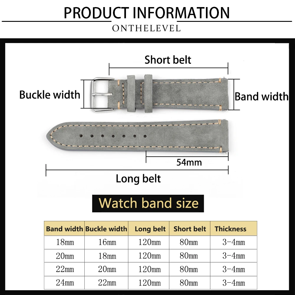 Handmade Leather Watchband 18mm 20mm 22mm 24mm Vintage Suede Watch StrapReplacement Tan Gray Beige Color for Men Women Watches