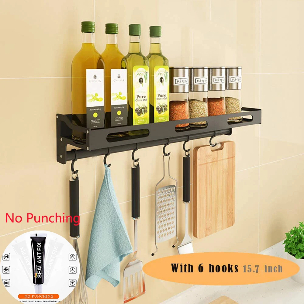 Wall Mount Hanging Spice Rack Organizer Pot Rack Shelf Pan Saucepan Storage Kitchen Utensil Holder Lid Spice Storage Tool 6 Hook