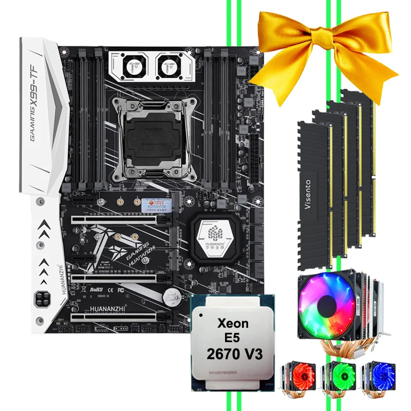 HUANANZHI X99 motherboard bundle X99-TF motherboard with dual M.2 slot M.2 WIFI slot CPU 2670 V3 with cooler RAM 64G(4*16G) DDR4