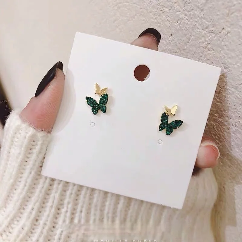 2021Hot Sale Vintage Cute Green Rhinestone Butterfly Stud Earrings Fashion Lady Gold Plated Earring Charm Womne Party Jewlery