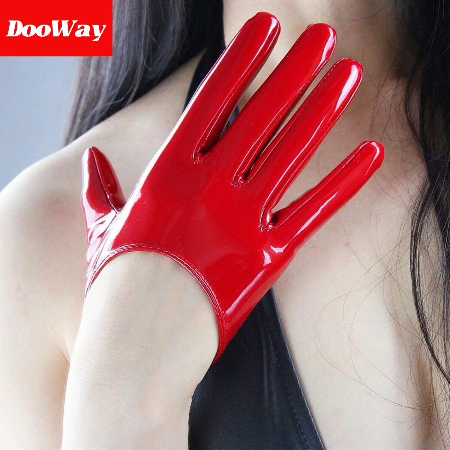 DooWay Women Hot Red Shiny Faux Patent Leather PU guanti fatti a mano Cosplay Wedding Party indossando guanti da dito moda sera