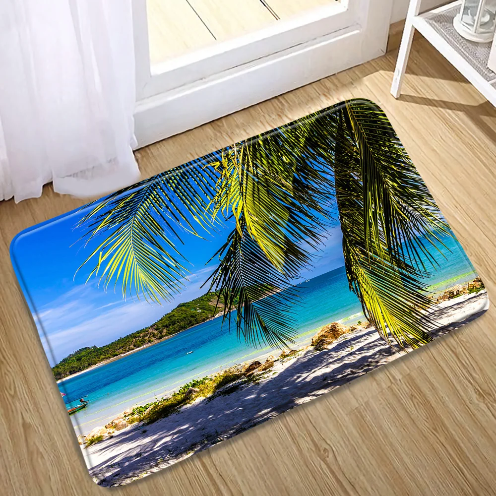 Summer Sunlight Ocean Landscape Print Non Slip Bath Mat Sea Beach Palm Tree Dolphin Bathroom Carpet Outdoor Rug Entrance Doormat