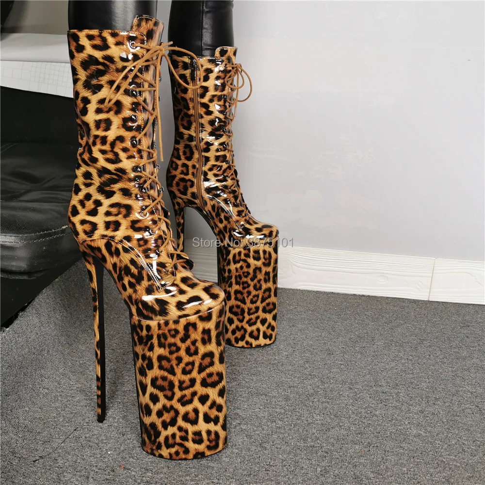 INS style 30CM Extreme High Heels Platform Boots Lace Up Leopard Ankle Boots Stage Unsexy Men Pumps