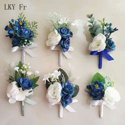 LKY Fr Corsage Wedding Boutonnieres Blue Roses Silk Bracelet Flowers Groom Man Suit Buttonhole Brooch Pins Marriage Accessories