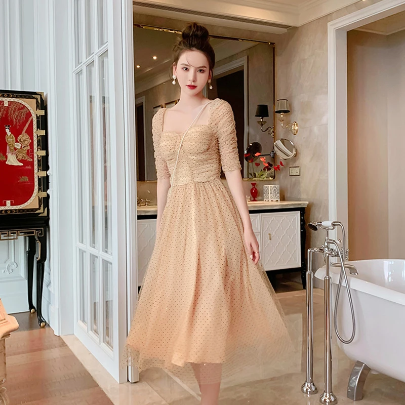 Fashion Summer Vintage Mesh Dot Midi Party Dress Ladies Elegant Streetwear Casual Square Collar Folds Sequins A-Line Dress Robe